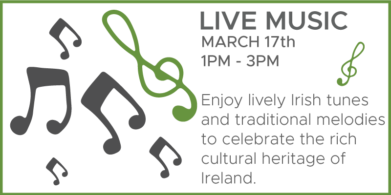 Irish Musician event image, Live Music March 17th, 1 PM to 3 PM, enjoy lively Irish tunes and traditional melodies to celebrate the rich cultural heritage of Ireland.